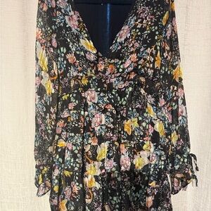 Free People Floral Mini Dress in Black and Multicolor